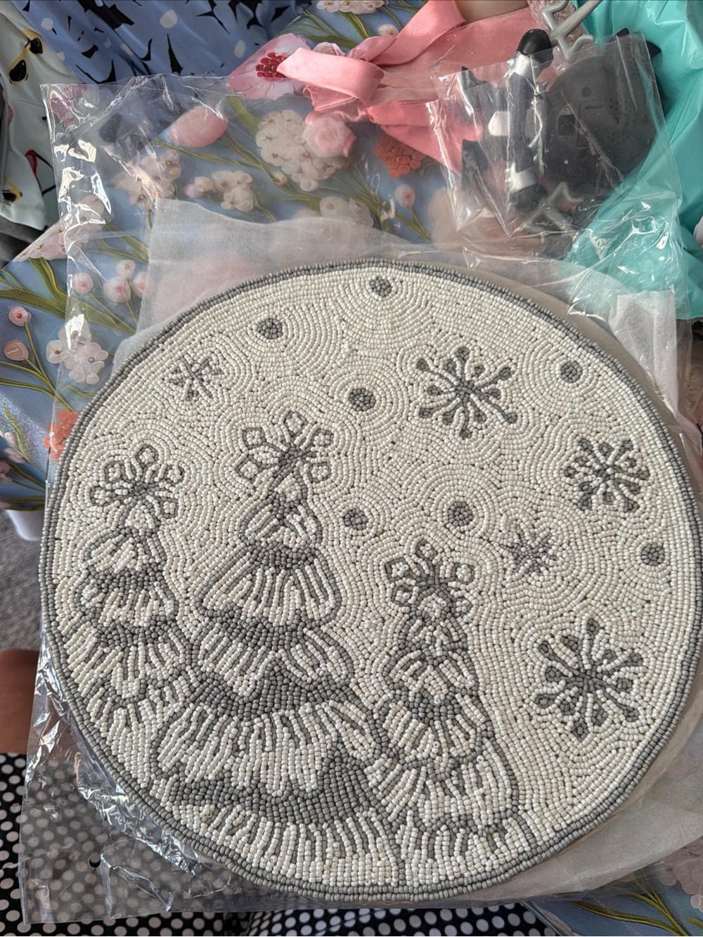 Beaded Winter Tree Decorative Placemat - White and Gray